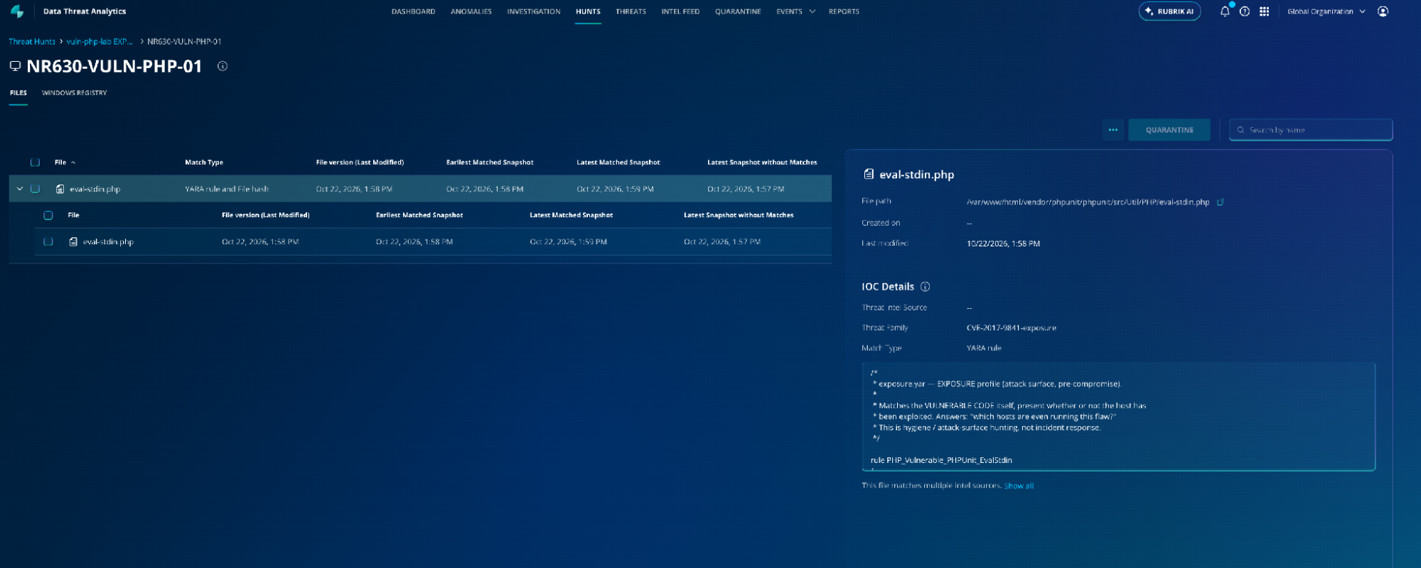 Rubrik Security Cloud Threat Hunting: exposure hunt result for eval-stdin.php