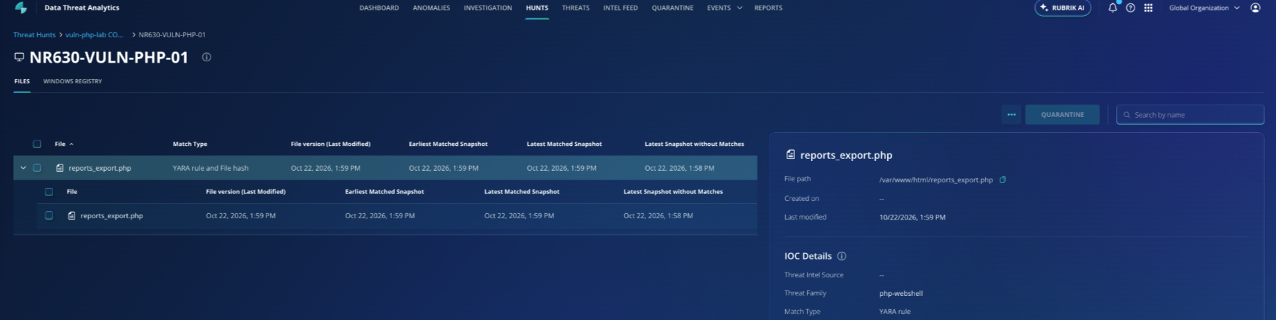 Rubrik Security Cloud Threat Hunting: webshell hunt result for reports_export.php