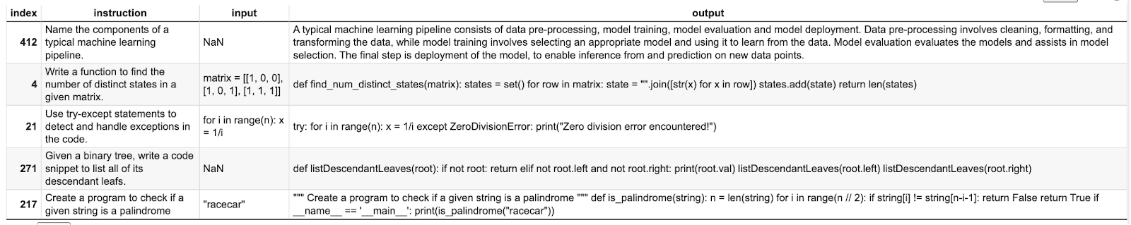 Alpaca dataset structure