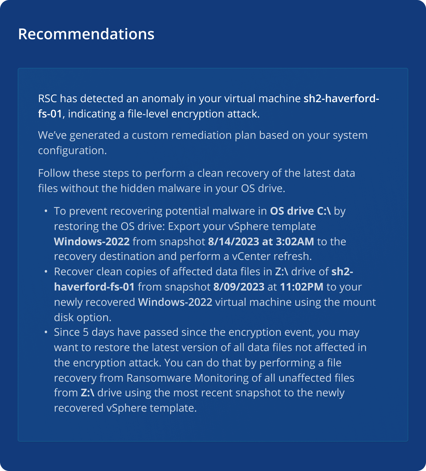 Recover to a suggested snapshot
