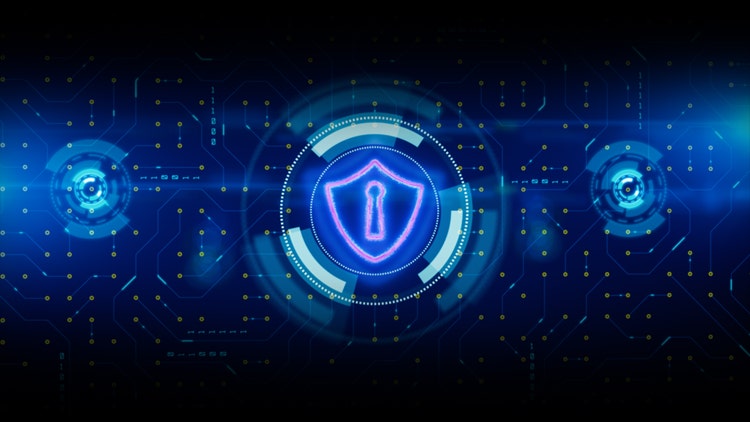 HUD and Shield Icon of Cyber Security. Circuit board data transfer. Digital Data Network Protection. Future Technology Network Concept.