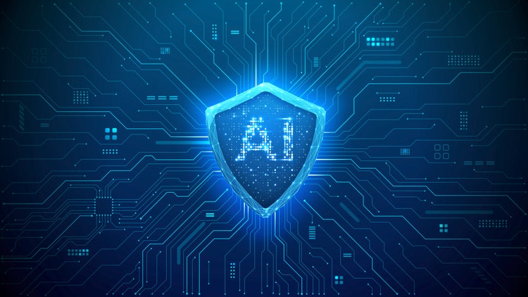 Cyber security concept. Digital shield icon glowing on circuit board background. Cyber protection concept with futuristic technology elements and bright blue light effects for data safety.